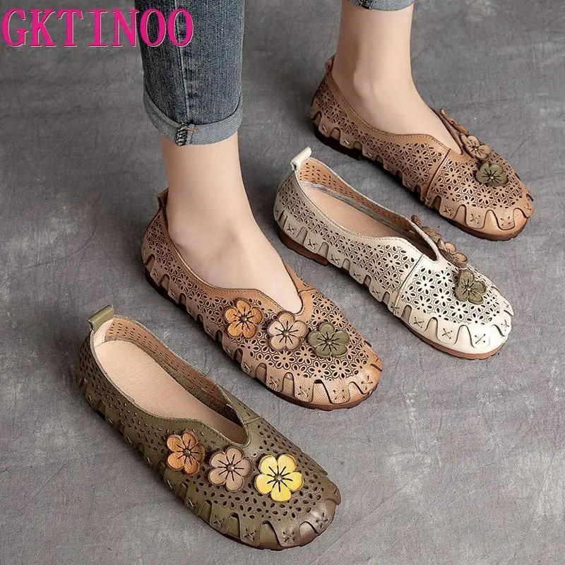 GKTINOO Women Loafers Genuine Leather Slip on Flowers Handmade Sneakers Ladies Shoes Comfy Fashion Summer Sandals Hollow Flats