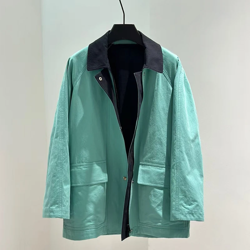 

Women's Classic Oversized Jacket Retro-inspired fashion collar with color-blocked single-button closure 100% cotton top 2025 New