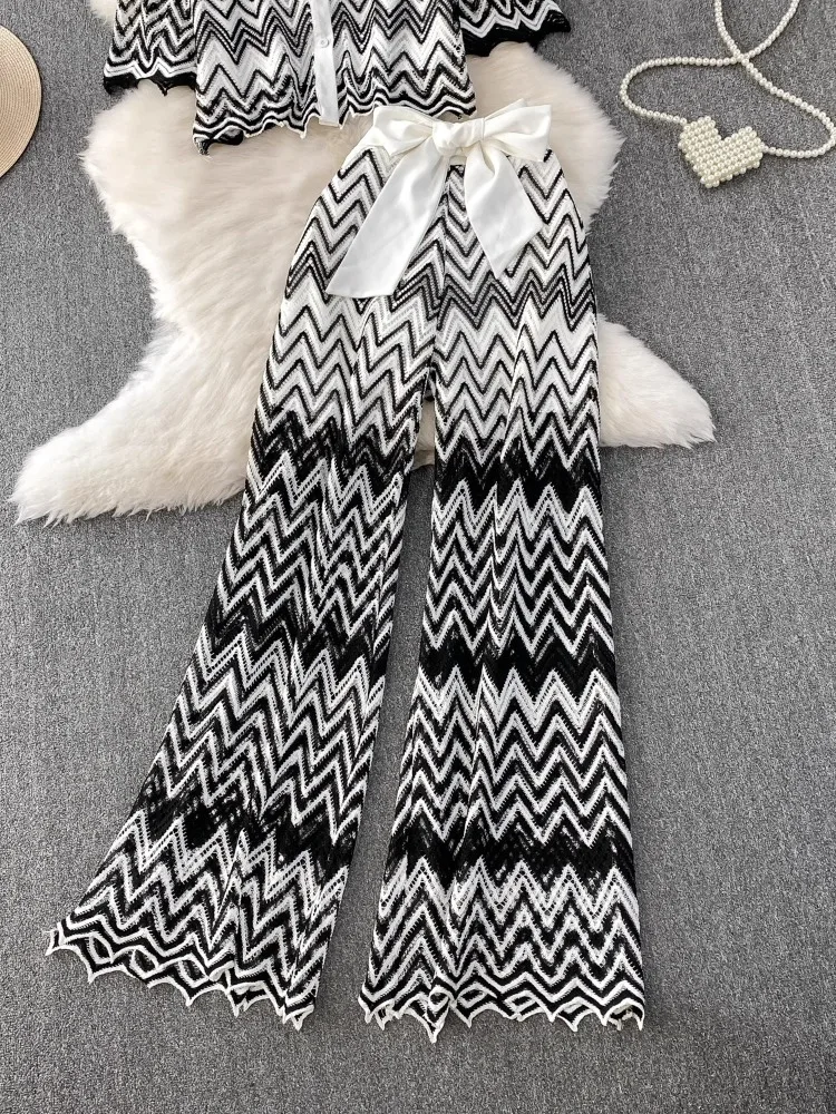 Aushöhlen Spitze Anzug Gestreifte Gestrickte Urlaub Strand 2-teiliges Set Frauen Lose Revers Hemd Tops + Hohe Taille Bogen spleißen Hosen Sets