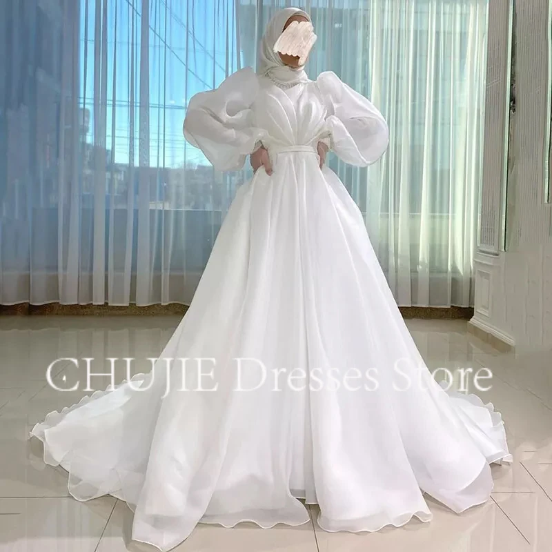 

Customized White Long Wedding Dresses 2025 Dubai Organza Prom Dress Modest Full Sleeves Evening Gowns Moroccan Party Dress