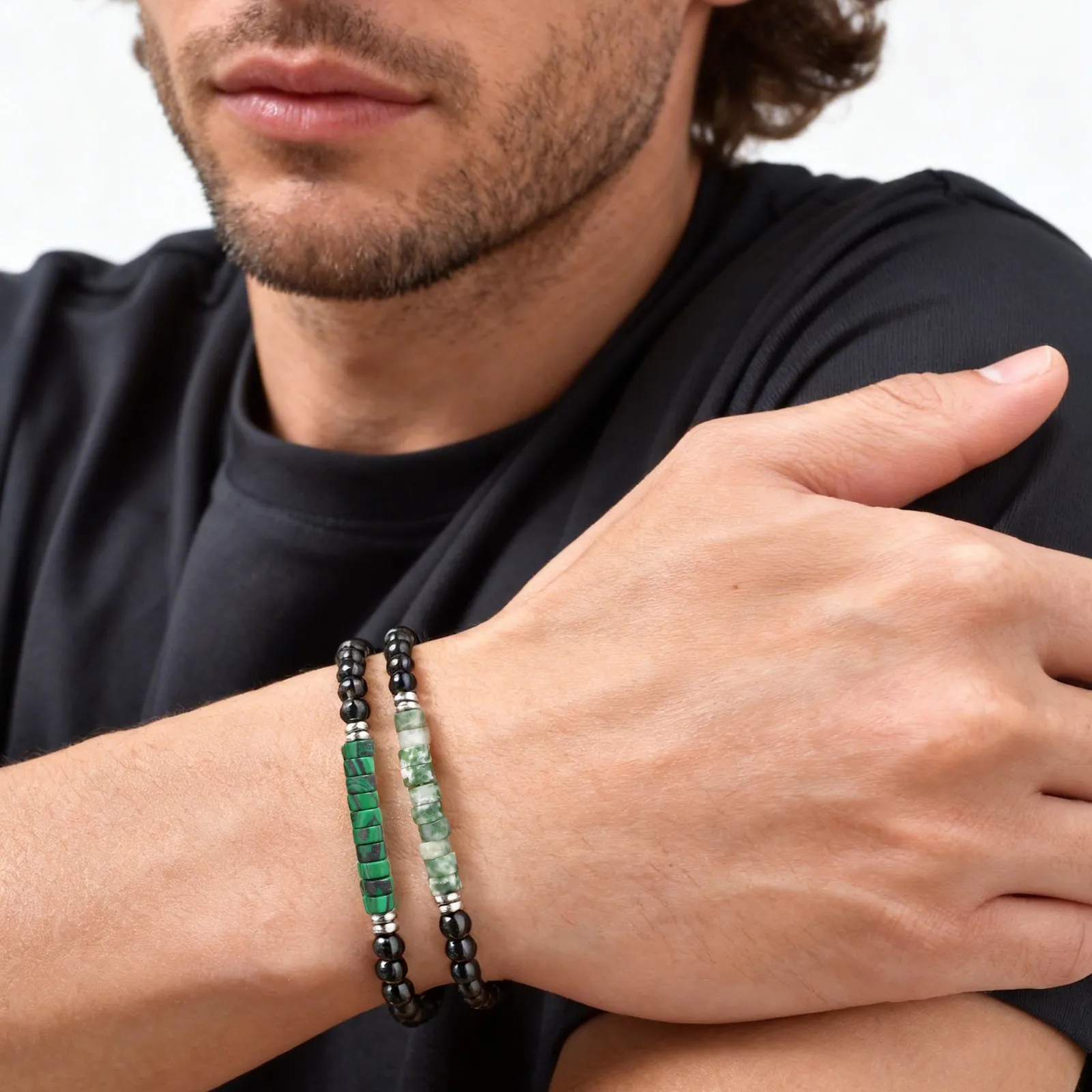 

Vnox Adjustable Trendy Natural Stone Bracelet for Men, Stainless Steel Malachite Green Spot Stone Black Onyx Beaded Bracelet NEW