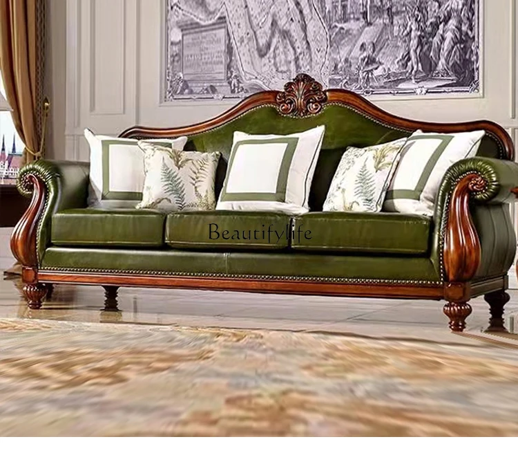 

American Leather Sofa Solid Wood Carved Sofa Combination Leather Living Room Luxury Retro Furniture