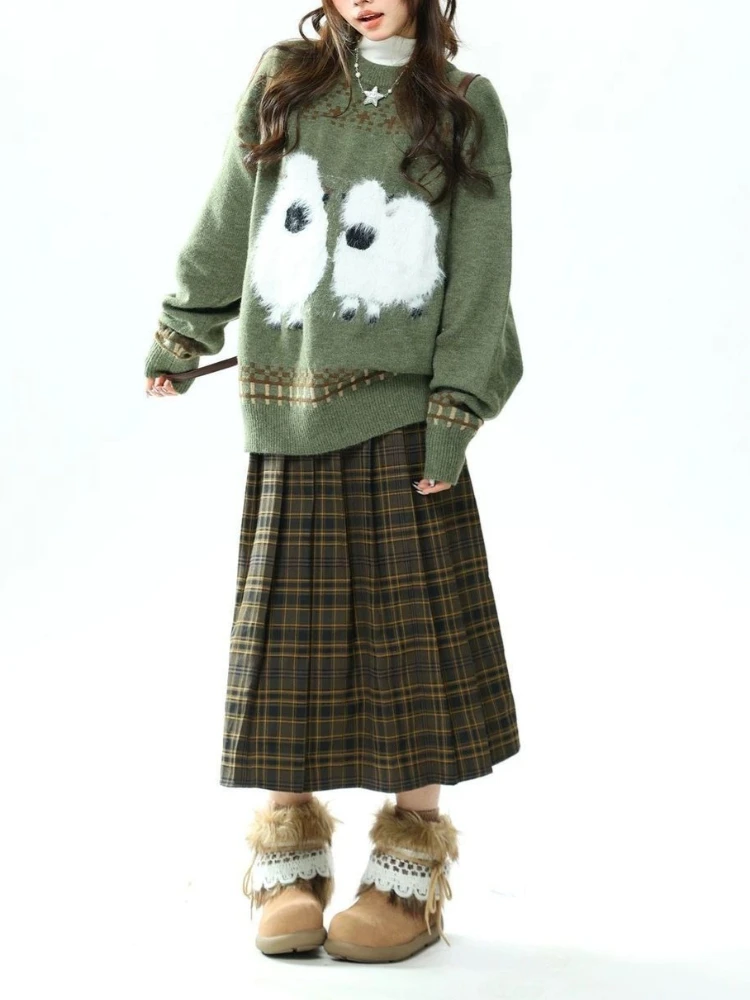 Cute Vintage American Lazy Women Oversized Crew Neck Knit Sweater Cartoon Sheep Fuzzy Fluffy Print Loose Fit Casual Daily Outfit
