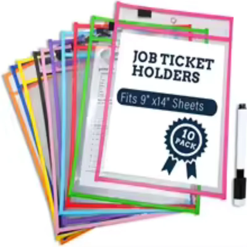 Heavy Duty 10 Pack Oversized Dry Erase Pockets 10x13.8 Inch with 2 Metal Rings Tear Resistant Clear Ticket Holders for High Freq