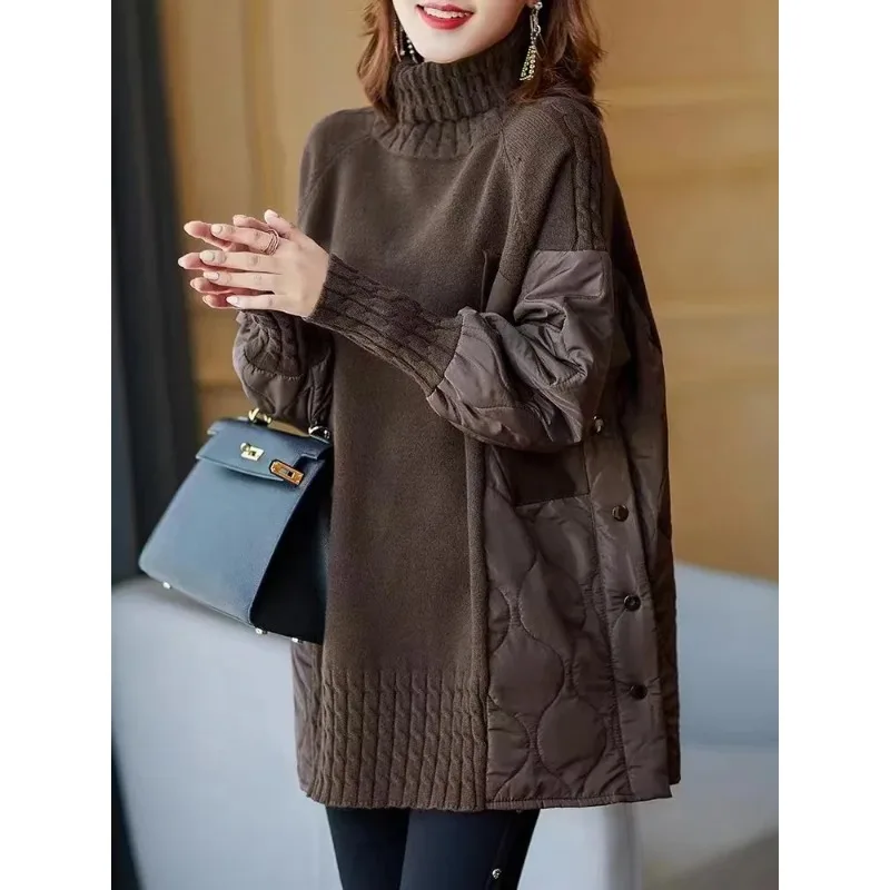 

SuperAen High-neck Sweater Women's Winter New Thickened Loose Outer Wear Stitching Fake Two Pieces Turtleneck Sweater Dress