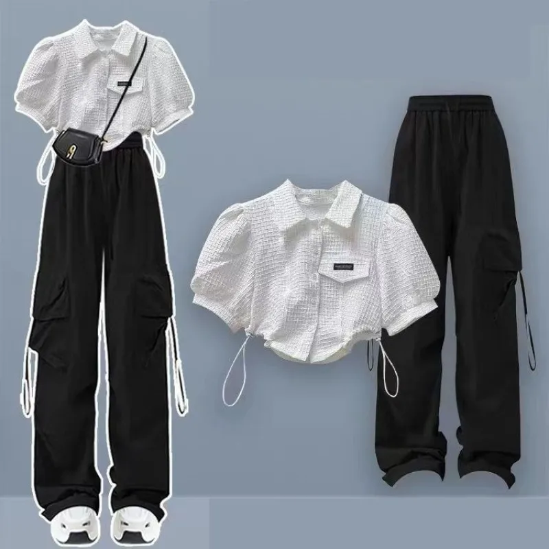 2024 Summer New Chic Tracksuit Matching Set Girl Casual Short Short-sleeved Top+Loose Cargo Pants Two Piece Female Clothes Suit