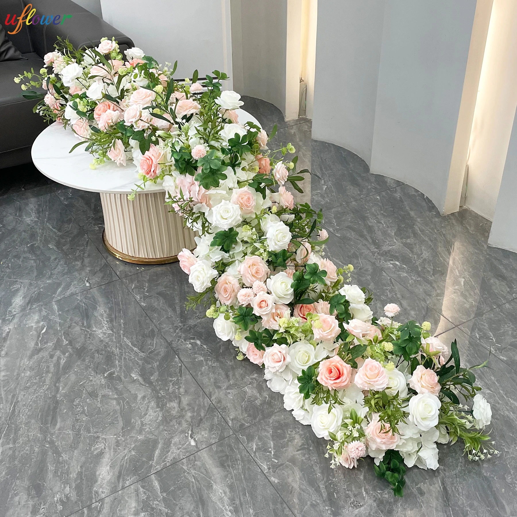 

Uflower Розовая Роза Зелень Искусственный Цветок Ряд Свадебный Стол Центральная Цветочный Фон Настенная Арка Декор Событие Сцена Цветочный
