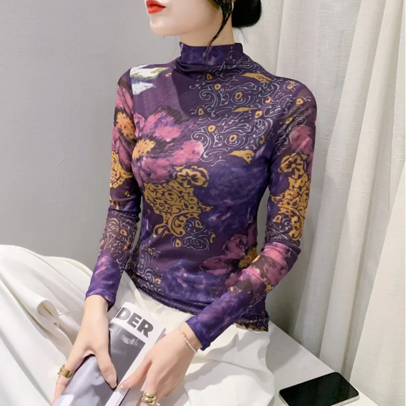 #8065 Turtleneck T Shirt Women Long Sleeve Floral Printed Mesh Basic T-shirt Female Skinny Stretch Office Tee Shirt Femme Sexy