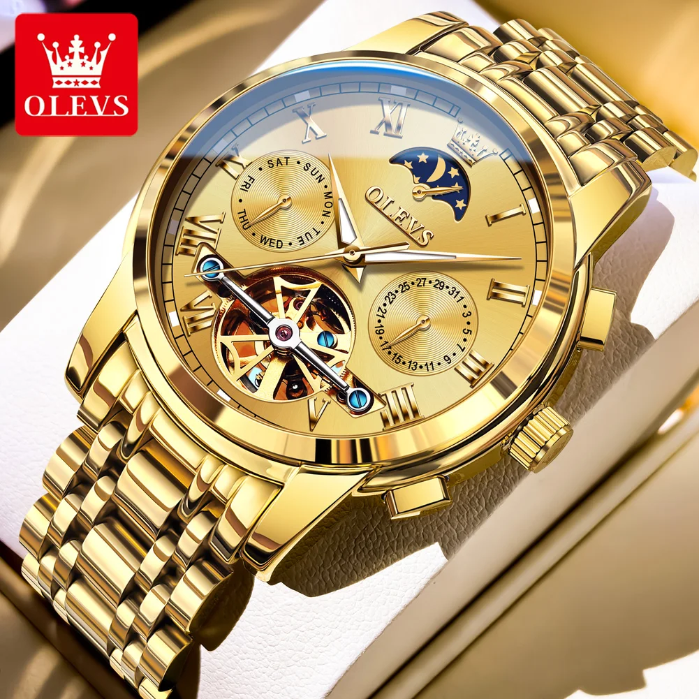 

Мужские механические часы OLEVS 6617 с круглым циферблатом, стальным браслетом, индикатором фазы луны, отображением дня недели и календарем, светящиеся в темноте.