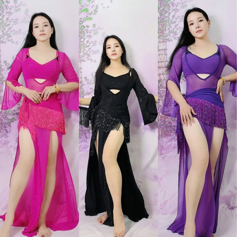 Customized Swegal Women Belly Dance Practice Outfit Oriental Dance Costume New Product Robe with Sequin Tassel Hip Scarf 4Pcs