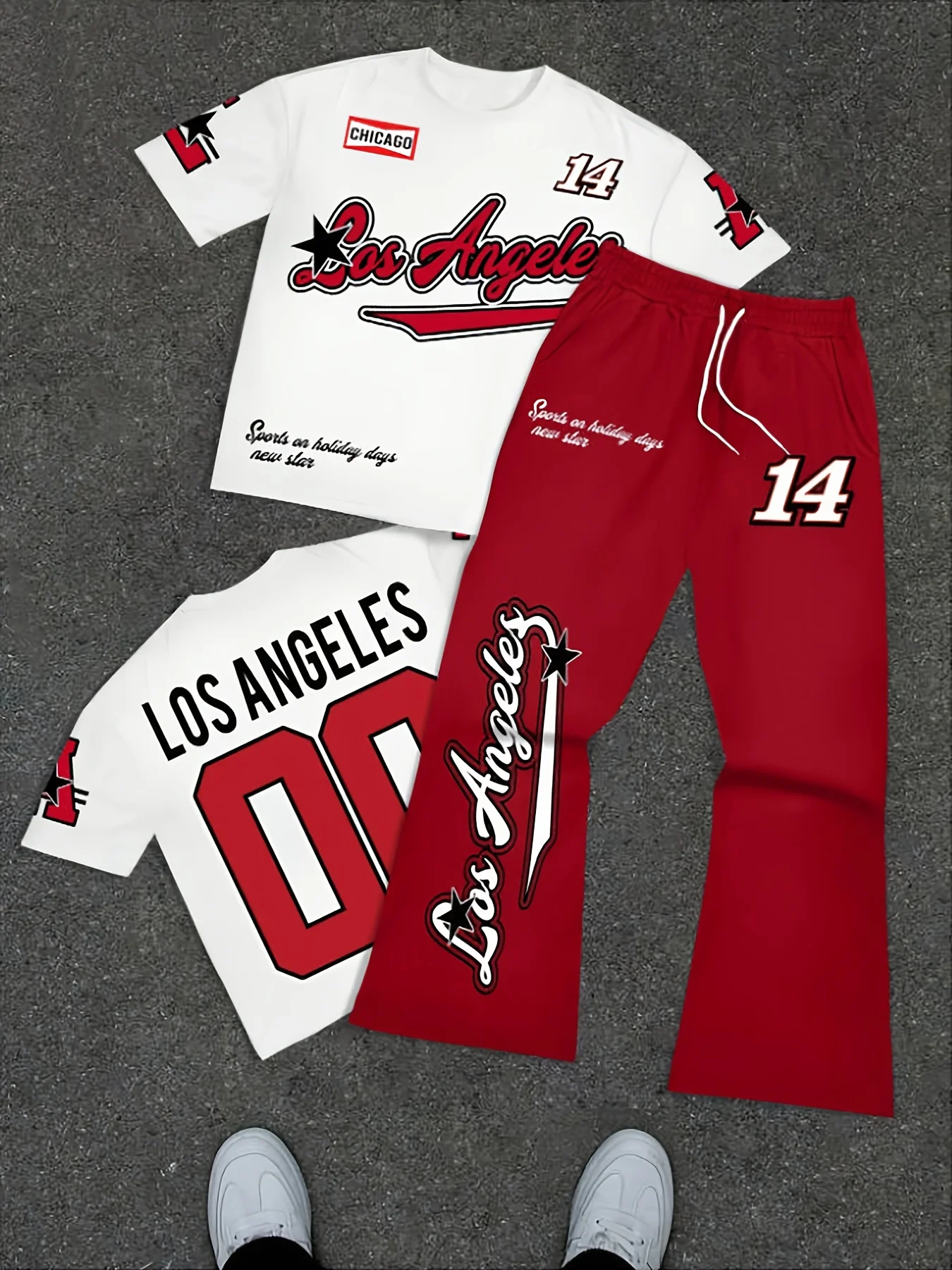 

26 Лос-Анджелес No. 14 мужских летних повседневных футболок и длинных брюк с принтом, баскетбол и бег для взрослых, одежда из 2 предметов
