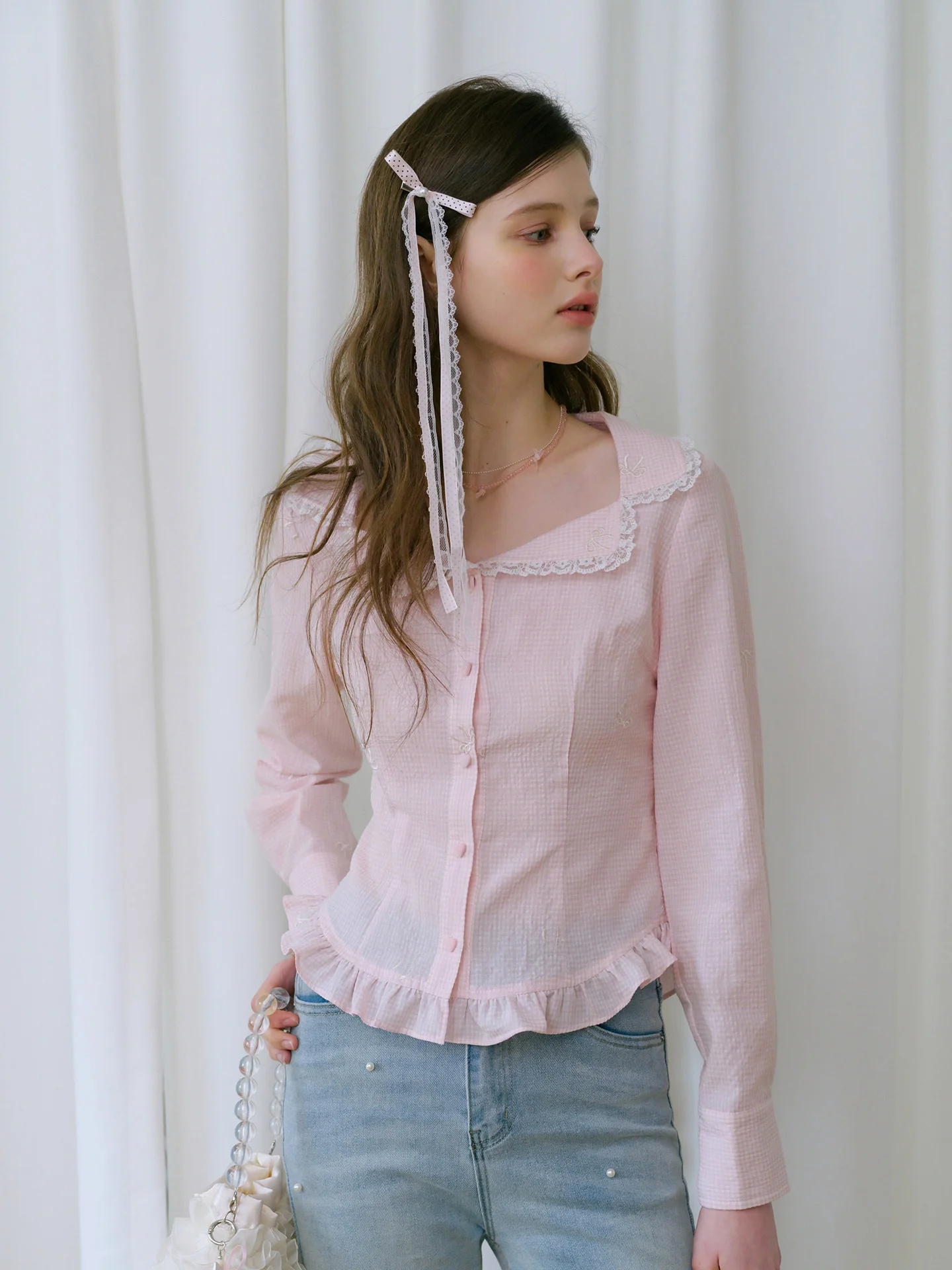 

Spring 2026 Women's Pink Long Sve irt Waist Cinched Lace Trimmed Stand Collar Top Cotton Polyester Blend Comfortable Bre...