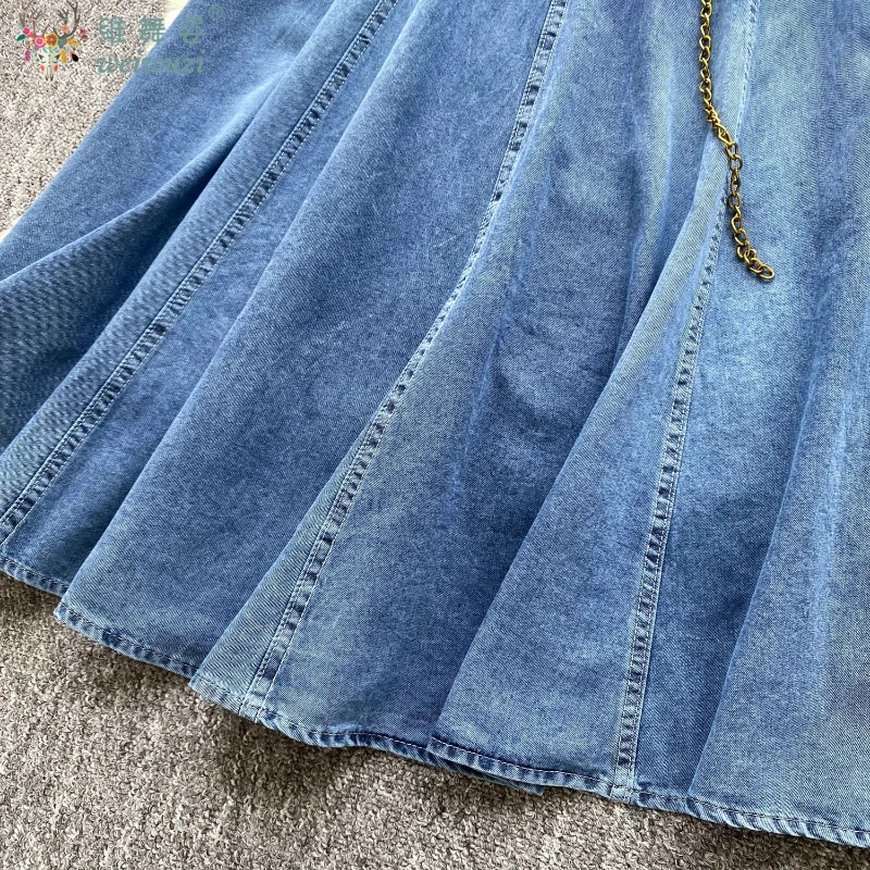 French Blue Denim Dress Women Must-have Denim Dress WithRuffled Decorations Commuting&Dating Summer High Waist V-neck Long Dress
