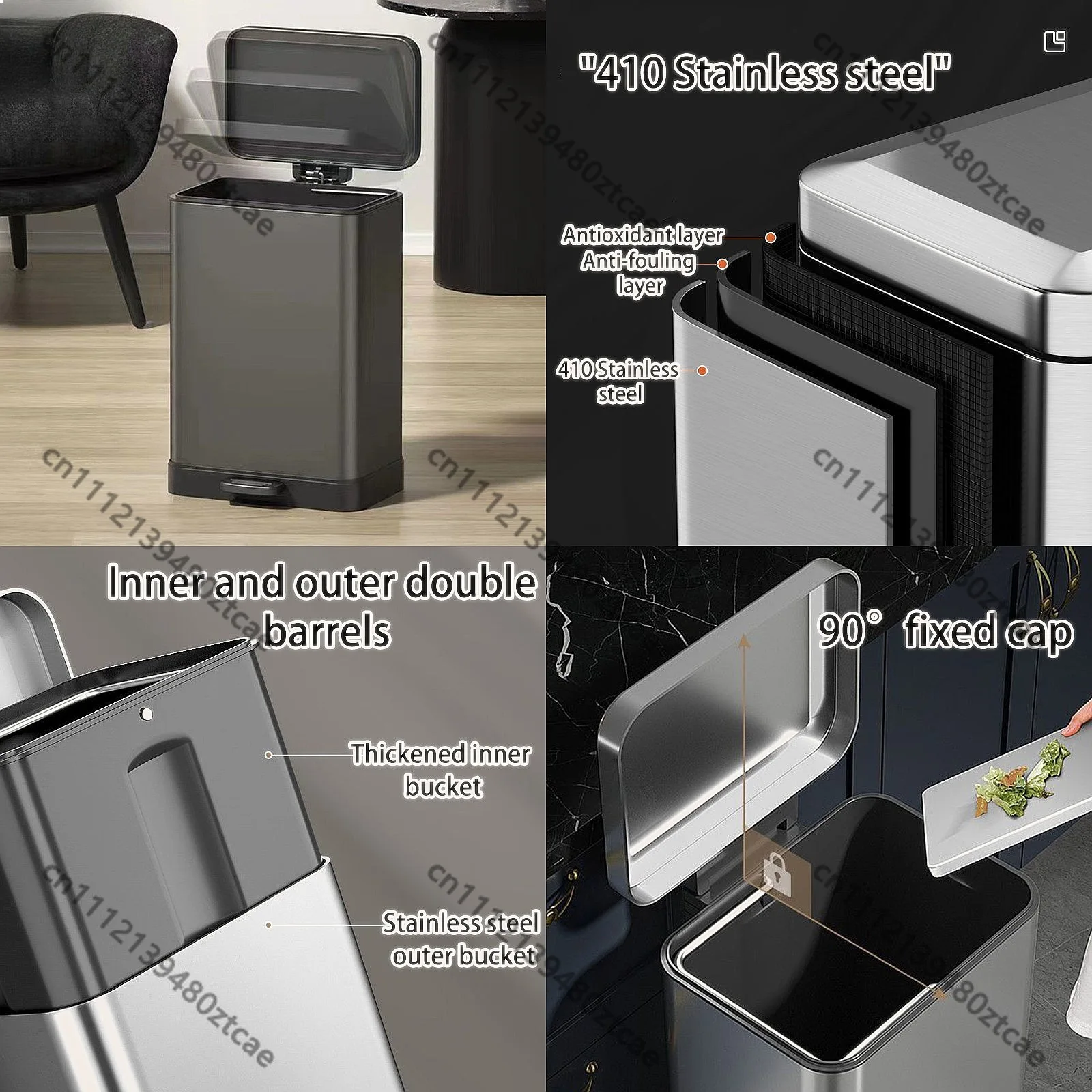 Large Capacity Stainless Steel Pedal Trash Can for Kitchen Food Waste Recycling