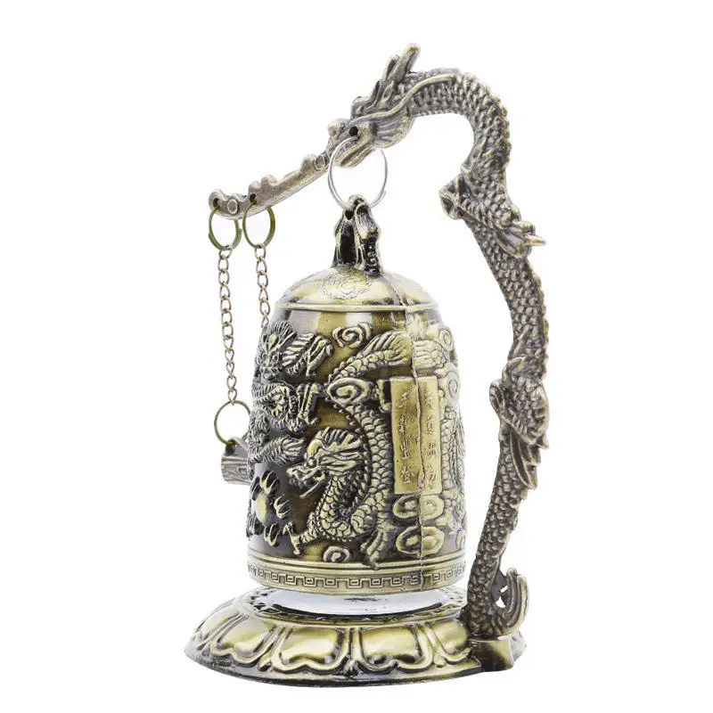 Exquisite Antique Home Decoration Zinc Alloy Vintage Style Bronze Slot Dragon Carved Buddhist Bell Chinese Geomantic Artware 1PC