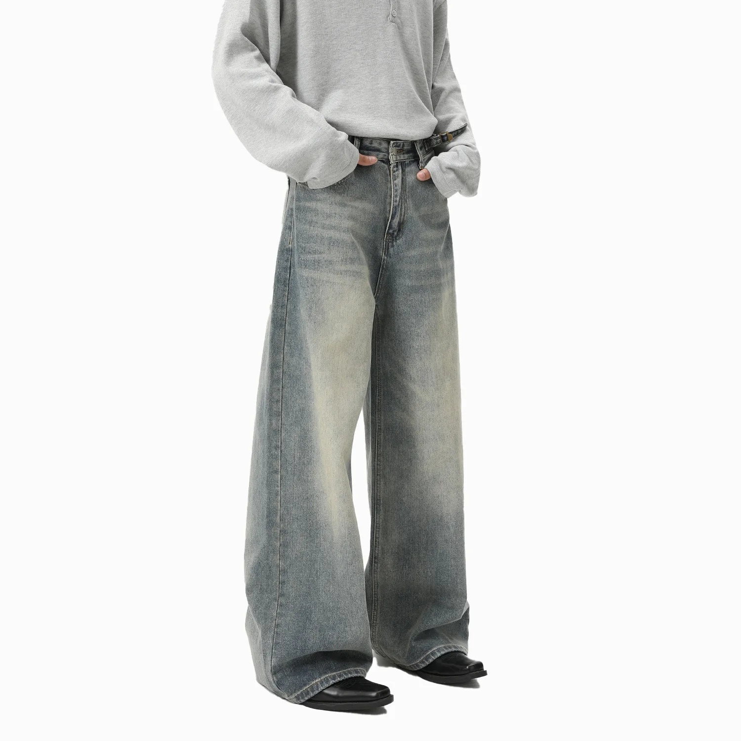 American New Fashion Men's Washed Light Blue Casual Trendy Wide Leg Straight Denim Trousers Male Simpla Basic Daily Jeans Pants
