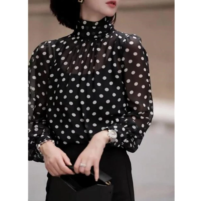 Women Fashion Polka Dot Printed Ruffled Blouses Office Lady Sexy Sheer Elegant Commute Shirts Half High Collar Long Sleeve Tops