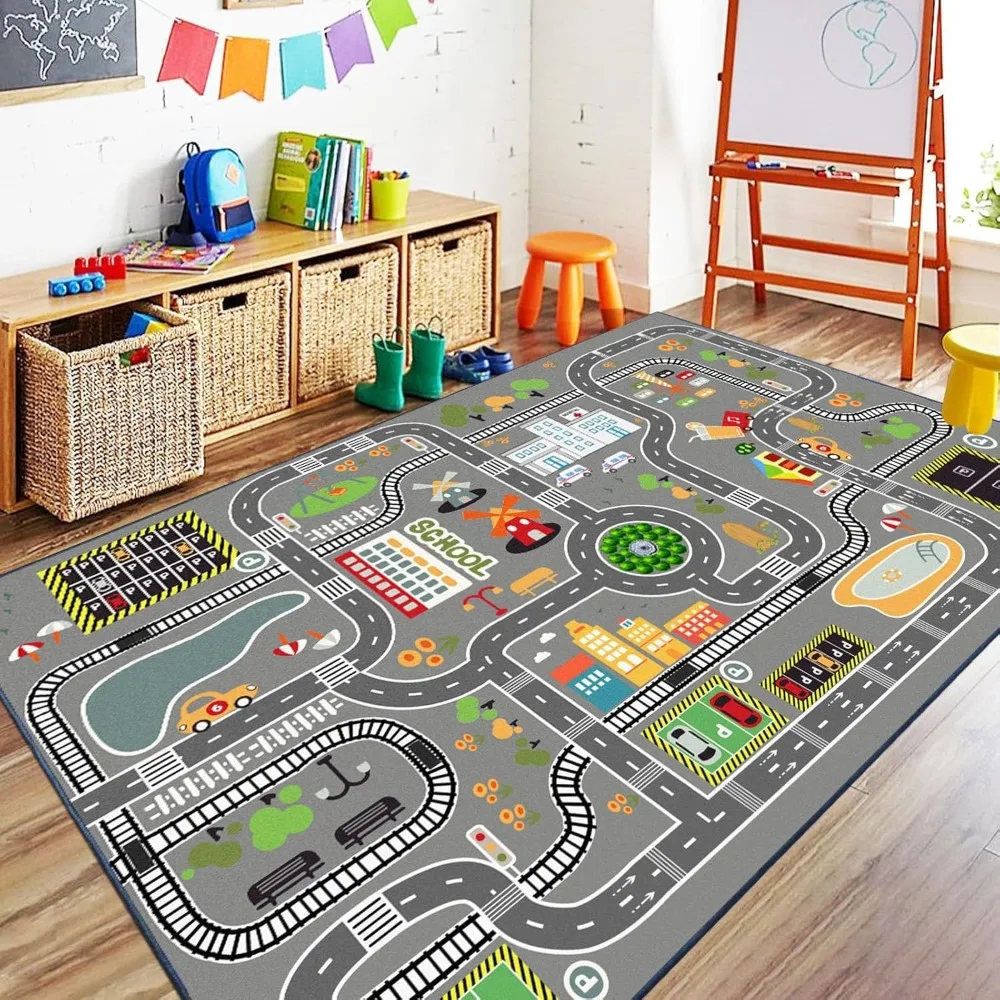 Alfombra de Juego Infantil con Diseño de Pista de Carreras, Carreteras Urbanas y Elementos de Parque de Diversiones, Suave, Educativa y Decorativa
