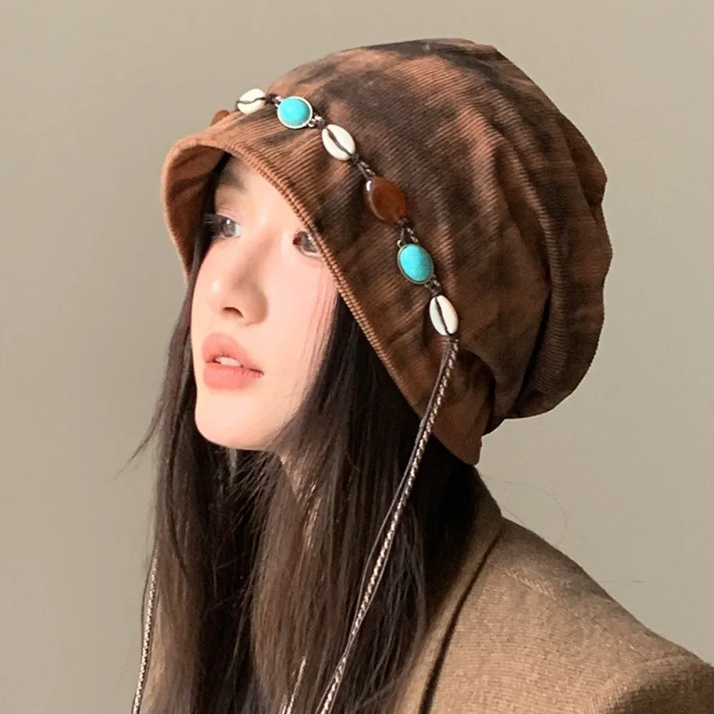 

Beaded Decor Y2k Baggy Cap Ethnic Style Versatile Beanies Cap Korean Style Big Head Circumference Pullover Hats Autumn Winter