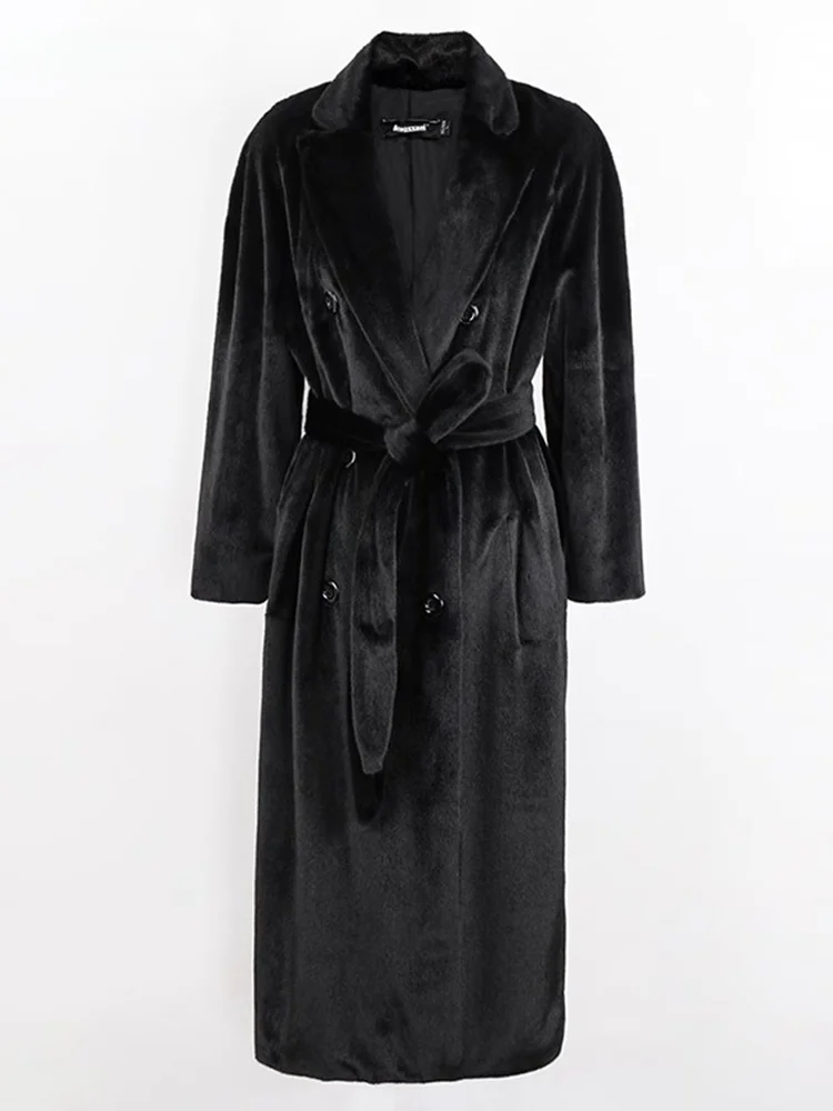 

Nerazzurri Long Double-Breasted Belted Faux Fur Coat Women's Winter Plu Coat Stand Fit Korean Sle Whole Skin Splicing