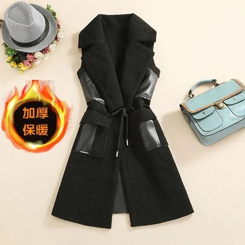 5XL Large Size Vests 2023 Autumn Winter New PU Leather Patchwork Lambwool Sleeveless Jacket Women Korean Slim Female Waistcoat