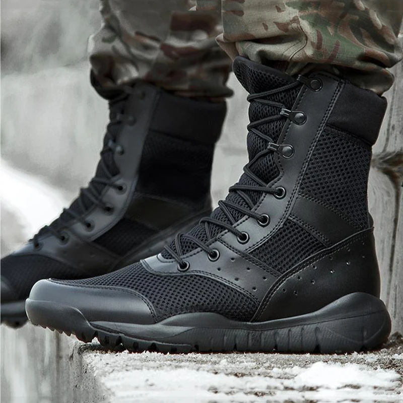 Botas tácticas de trabajo para hombre, zapatos ligeros de combate del Ejército, impermeables, con cordones, a la moda, de malla, para motocicleta