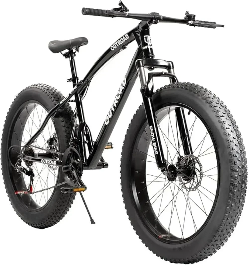 Outroad Fat Tire Mountain Bike with 26 inch Wheels 21 Speed with High Carbon Steel Frame Double Disc Brake Anti-Slip Bikes