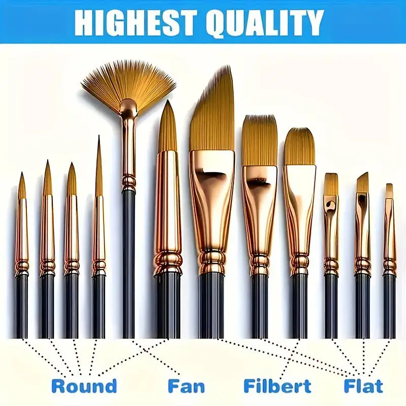 Professional Round Flat Nylon Hair Watercolor Paint Brush Detail Painting Brushes Set For Kid Students Artists Oil Painting Tool