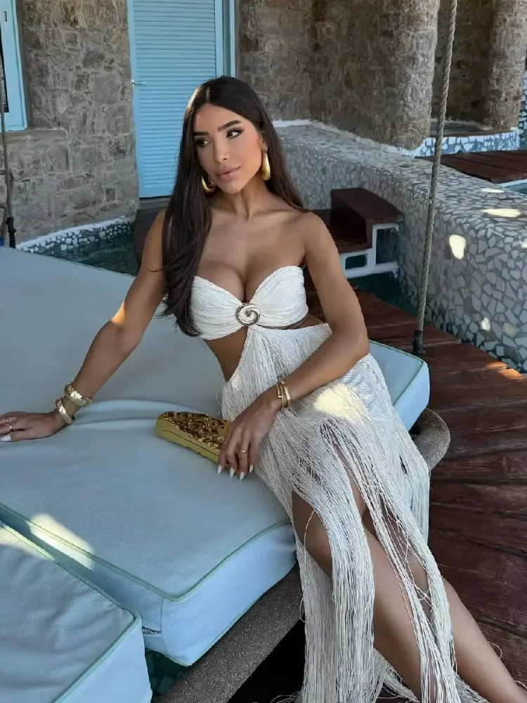 

Сексуальное платье без бретелек с бахромой и вырезами, женское шикарное платье с открытой спиной и открытыми плечами, облегающее, с завышенной талией, Vestido 2026, пляжное платье для отпуска