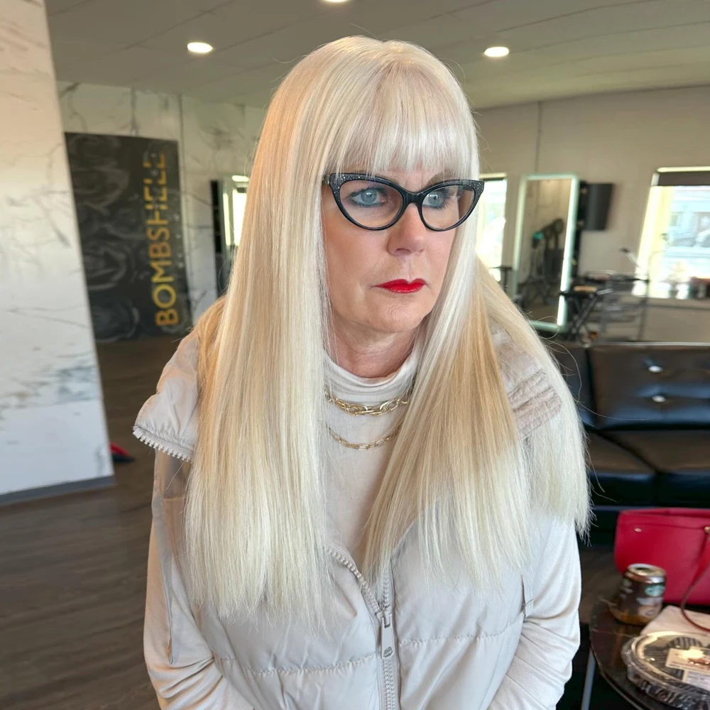 

Платиновые блондинки, кружевные парики для женщин, синтетические волосы, шелковистый прямой парик с челкой, косплей, Drag Queen, вечерние, повседневная одежда, костюмный парик