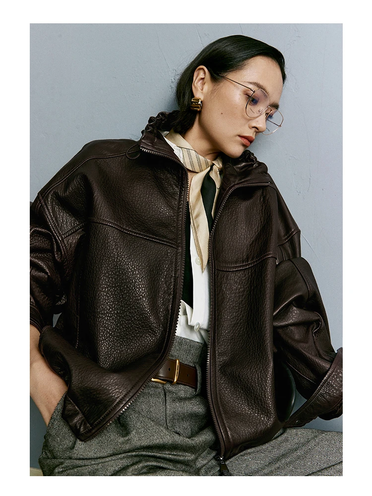 High Quality Sheep Bubble Leather Women\'s Coat, Fashionable Modern High Standing Collar Genuine Leather Jacket Women Clothing