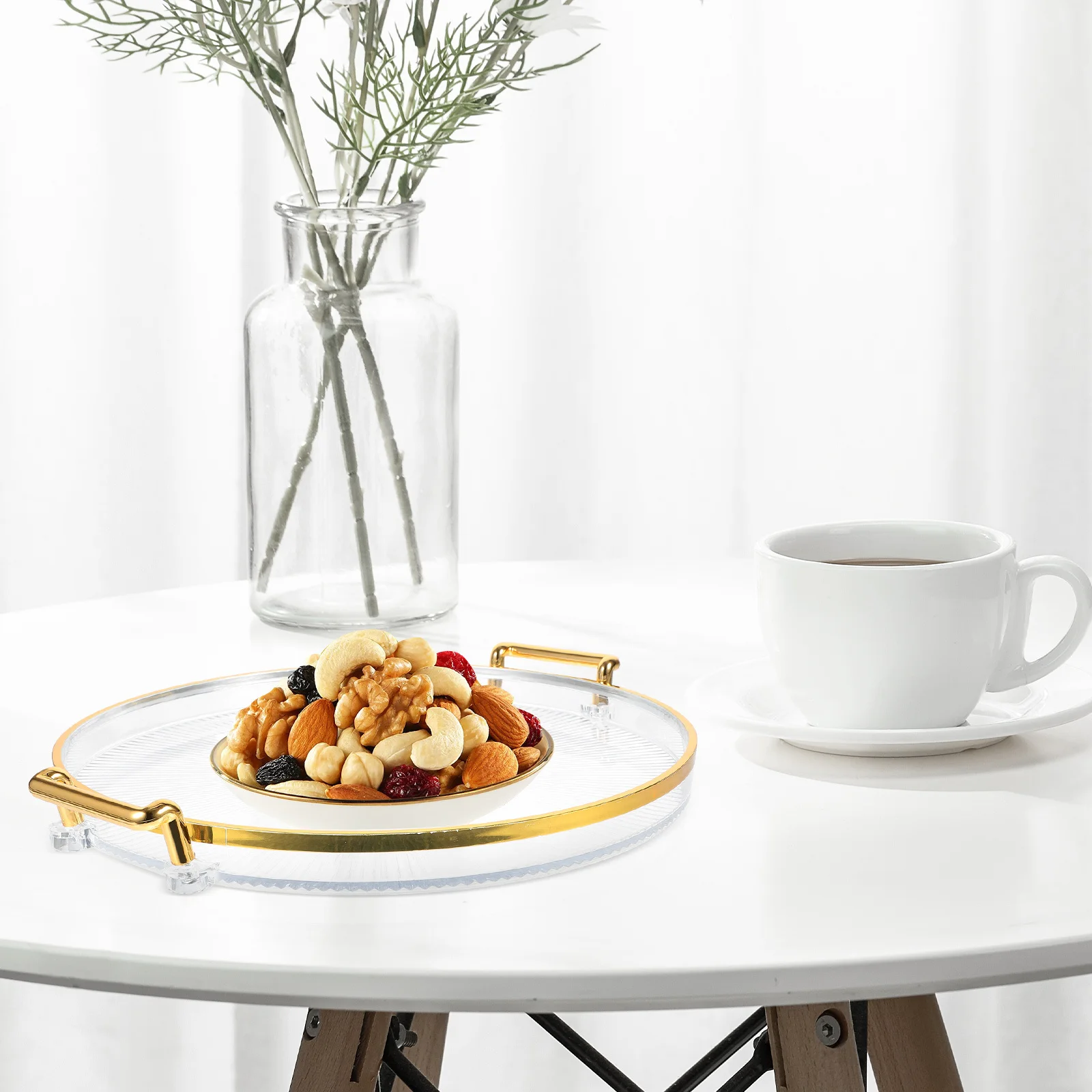 

Gold Rimmed Round Tray Transparent Striped Design With Edge For Fruits Candy Dessert Serving Decorative Storage Dish Home