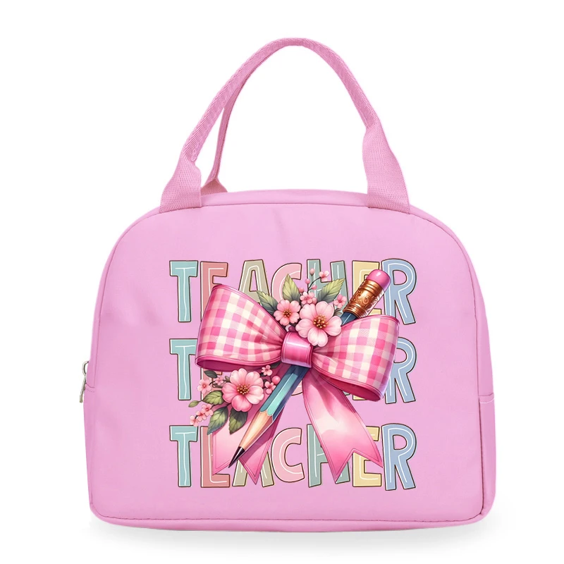 Portable Lunch Bag Teacher Pencil Bow Graphics Women Thermal Insulated Lunch Box Tote Cooler Handbag Teacher Lunch Bags Gifts