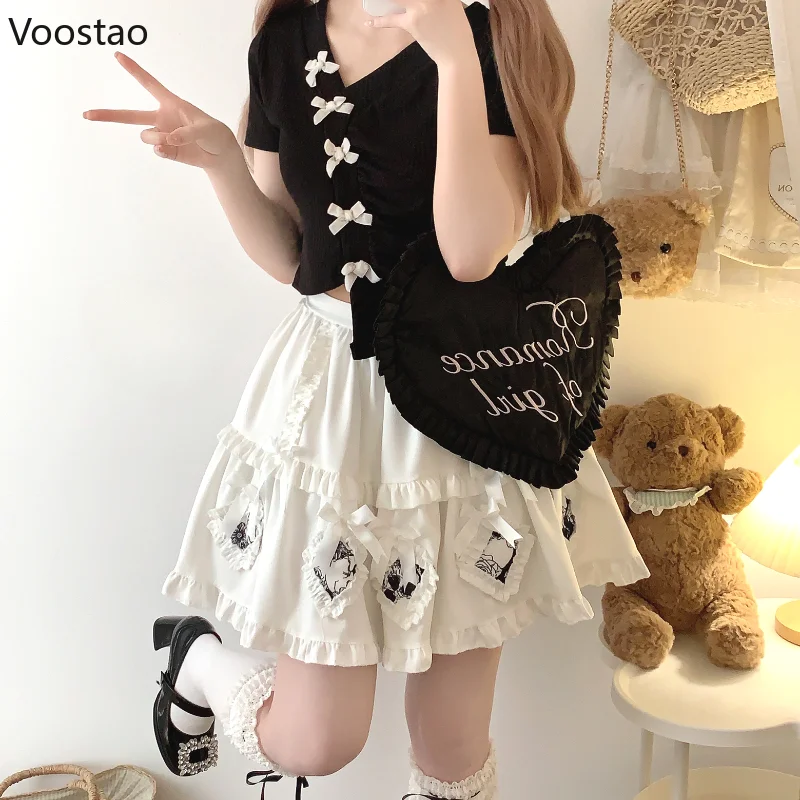 Witte Japanse Kawaii Lolita Cake Rok Vrouwen Gothic Strik Ruches Mini Rok Punk Harajuku Y 2K Hoge Taille A-Lijn Shorts Rokken