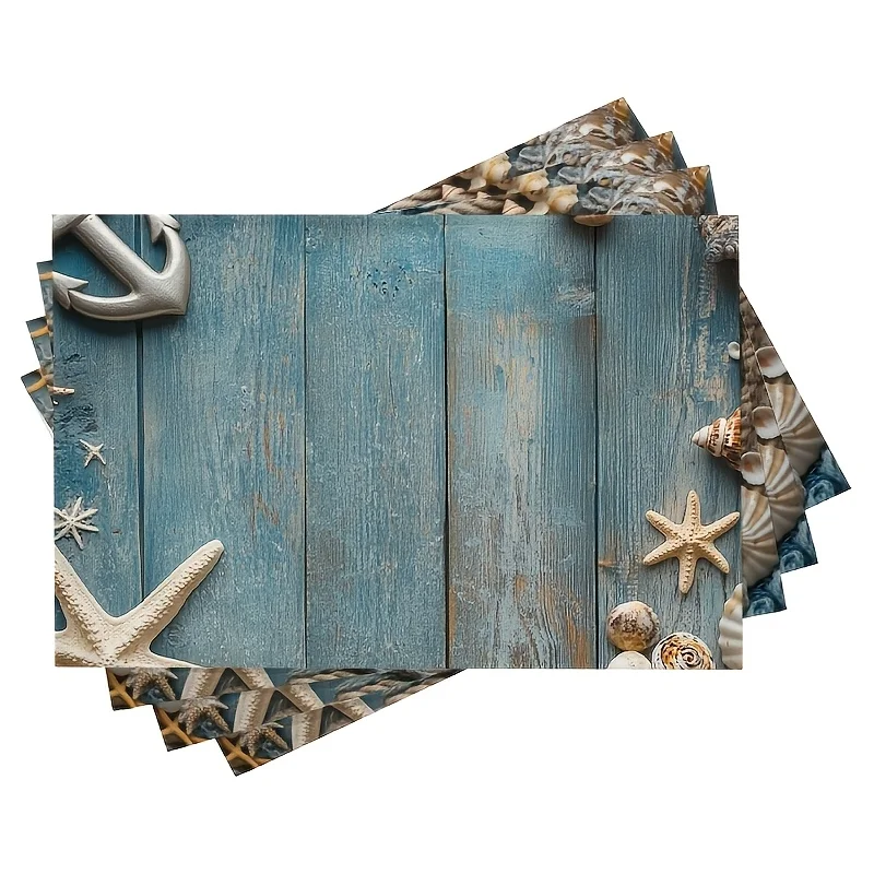 Linen Placemat Set Of 4 Nautical Ocean Theme Blue Wood Anchor Starfish Seashell Design Table Mat