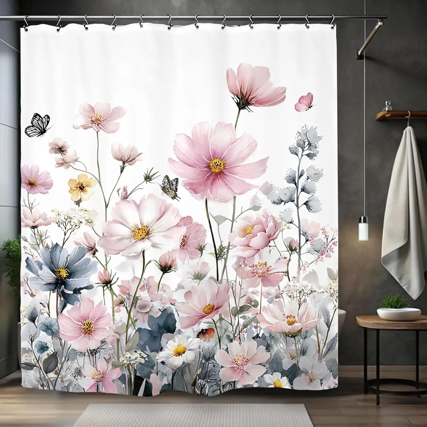 

Pink Blue Watercolor Flowers and Butterflies Pattern Waterproof Polyester Shower Curtain 180x180cm - Spring Floral Print Bath