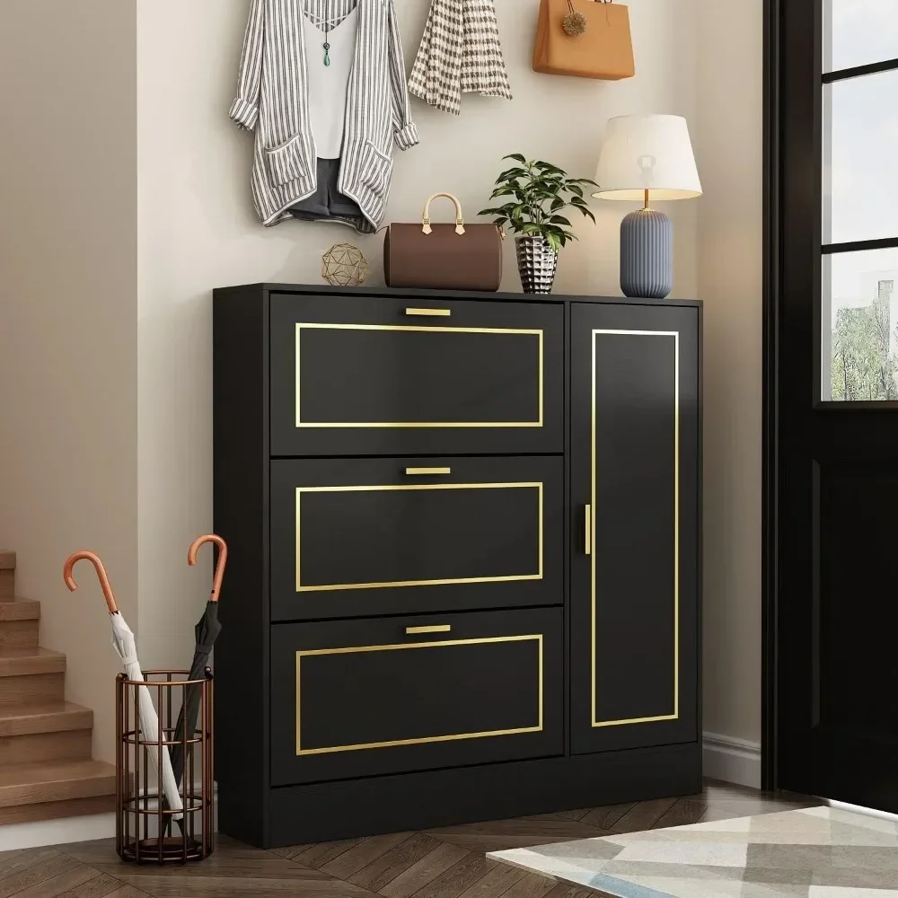 Shoe Storage Cabinet with 3 Flip Drawers & Locker, Wood Shoe Cabinet for Entryway, Black and Gold (47.2”W X 9.5”D X 47.2”H)