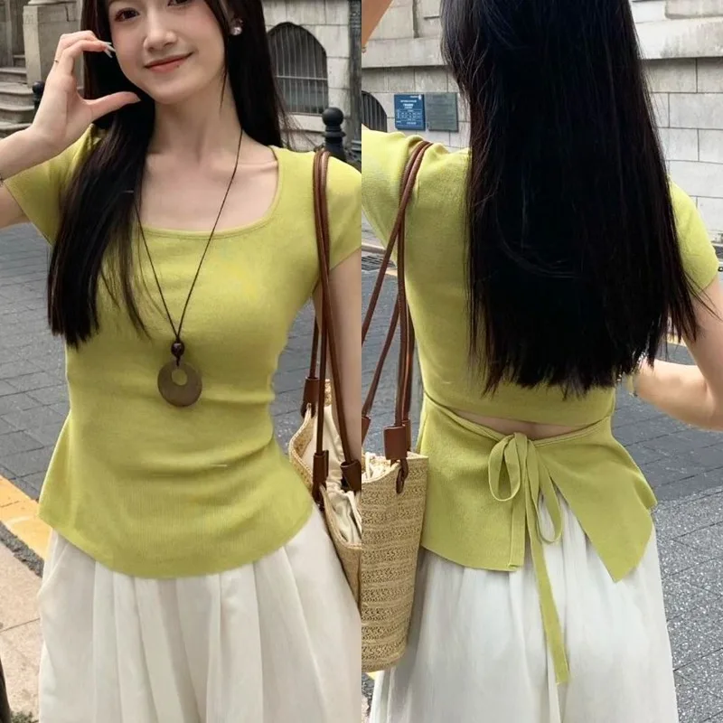 할로우 스퀘어 칼라 반팔 백 스트랩 탑 한국 인기 의류 Y2k Ropa De Mujer 그래픽 T 셔츠 여성 의류