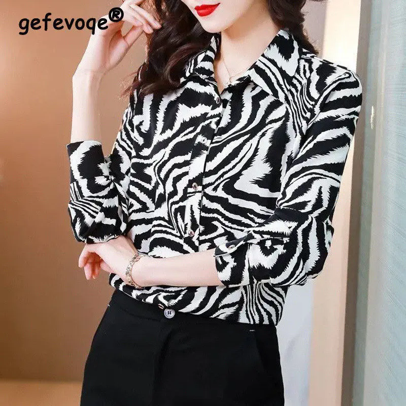 Women Elegant Zebra Print Work Wear Button Chiffon Shirts Spring Autumn Korean Long Sleeve Loose Blouse Top Blusas Mujer De Moda