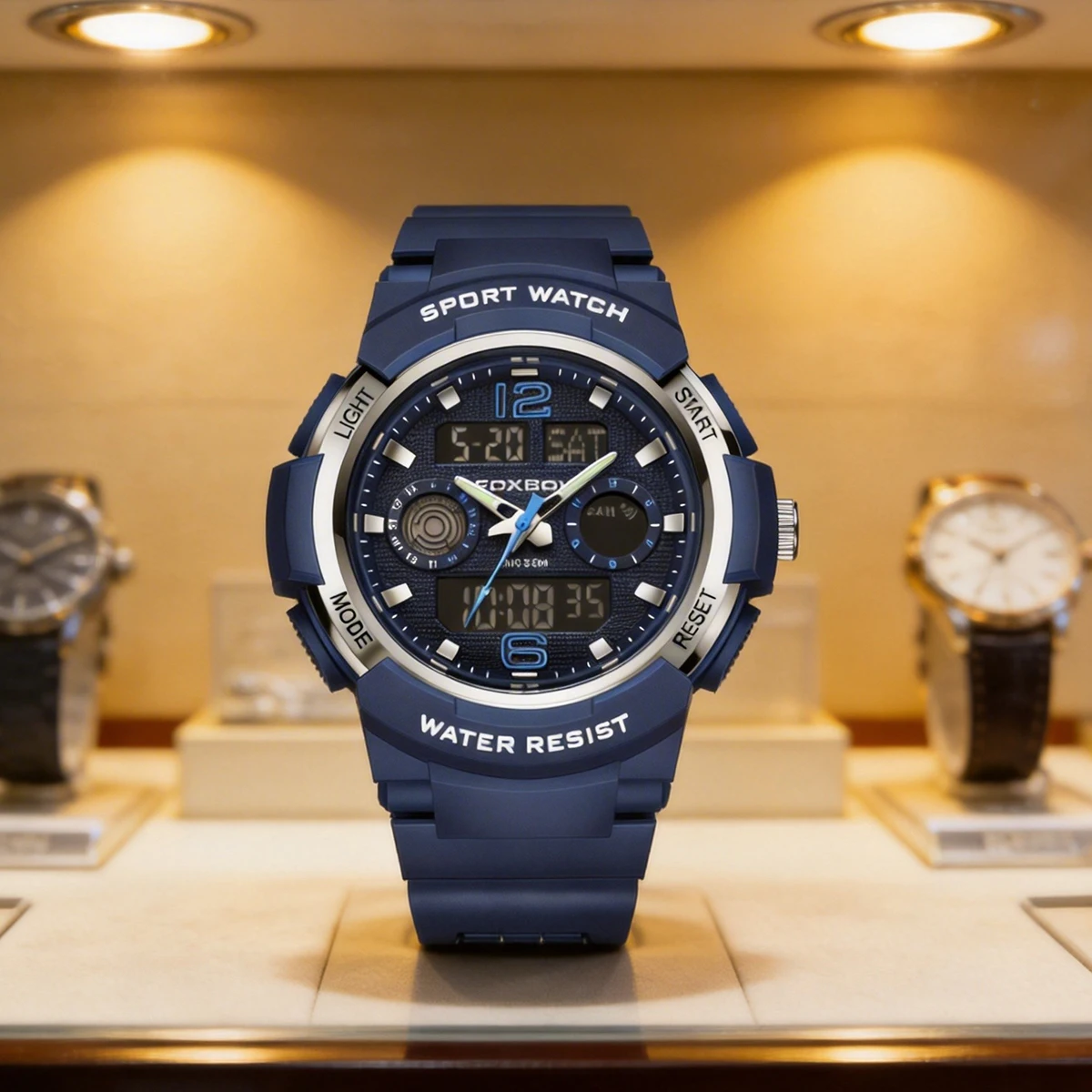 FOXBOX Casual Quartz Watches Dual Digital Display Waterproof Calendar Stopwatch timing Alarm LED night light Clock Boy's Watches