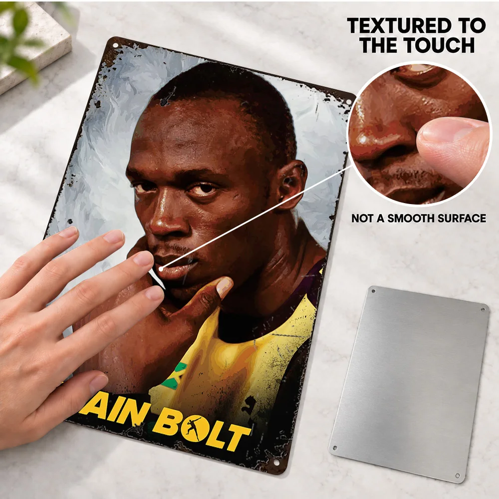 Usain Bolt Sprinter Printed Poster Personalized Aluminum Metal Sign Thoughtful Yellow Figure Graphic Wall Art For Sports Lounge