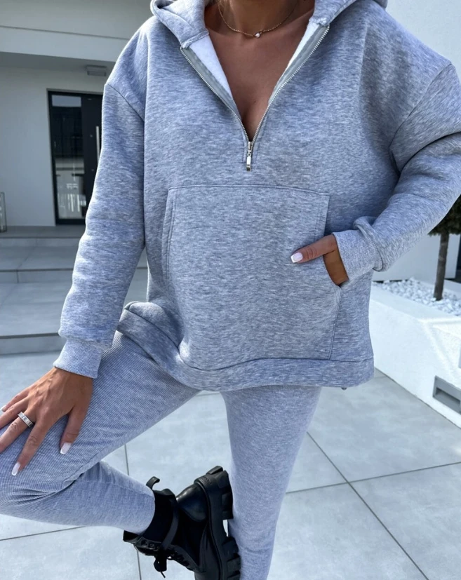 Reiß verschluss Design Kapuze Langarm Sweatshirt und Hose Set neue Mode heiß verkauften Damen bekleidung