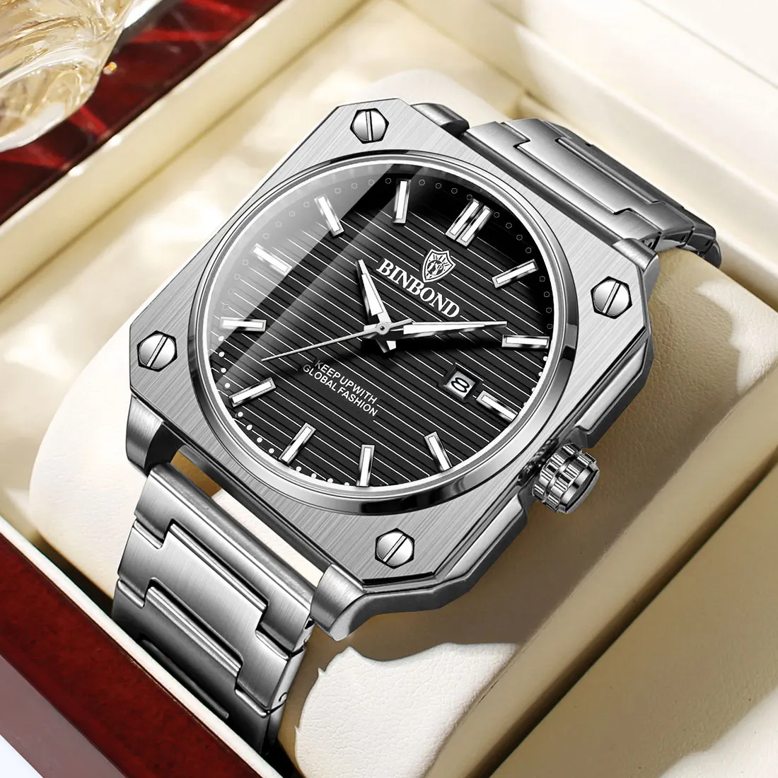 

BINBOND B570 Деловые модные мужские часы 30 м водонепроницаемые кварцевые часы с календарем и функцией даты со стразами и ремешком из нержавеющей стали