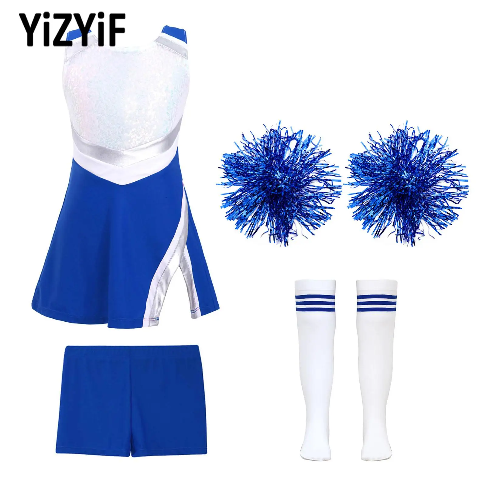 Kids Girls Cheerleading Dance Outfit Sleeveless Shiny Sequin Patchwork Dress Shorts Accessories Set Sports Meet Ceremony Costume