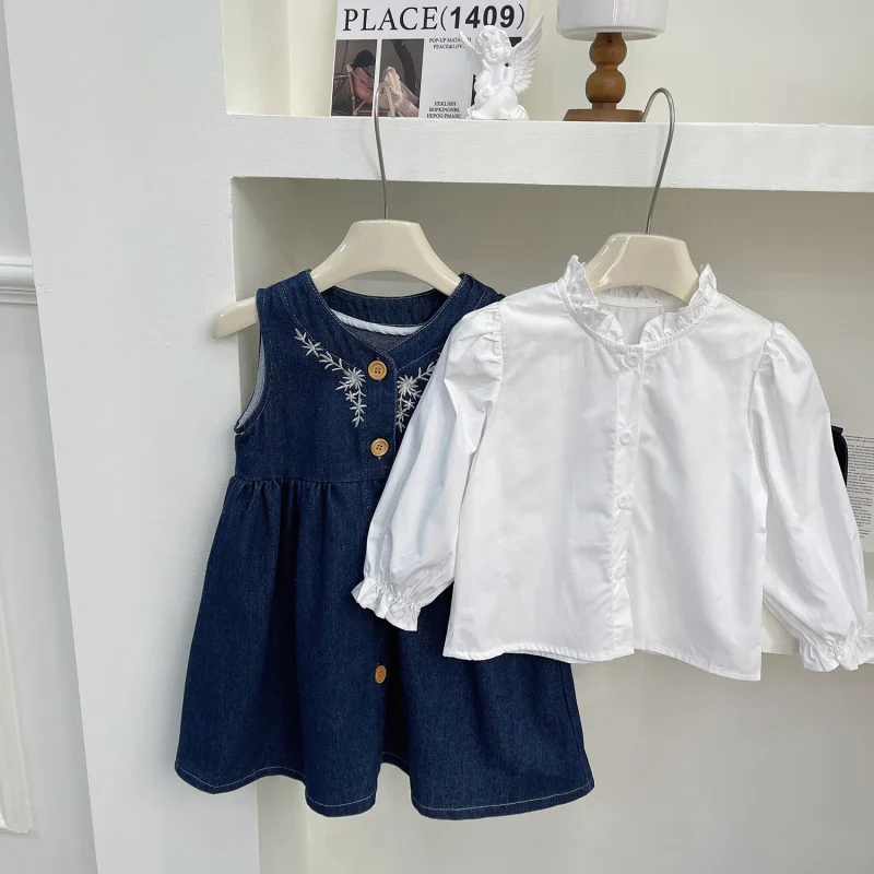Autumn New Girls' Embroidered Sleeveless Denim Dress+White Small Shirt Set