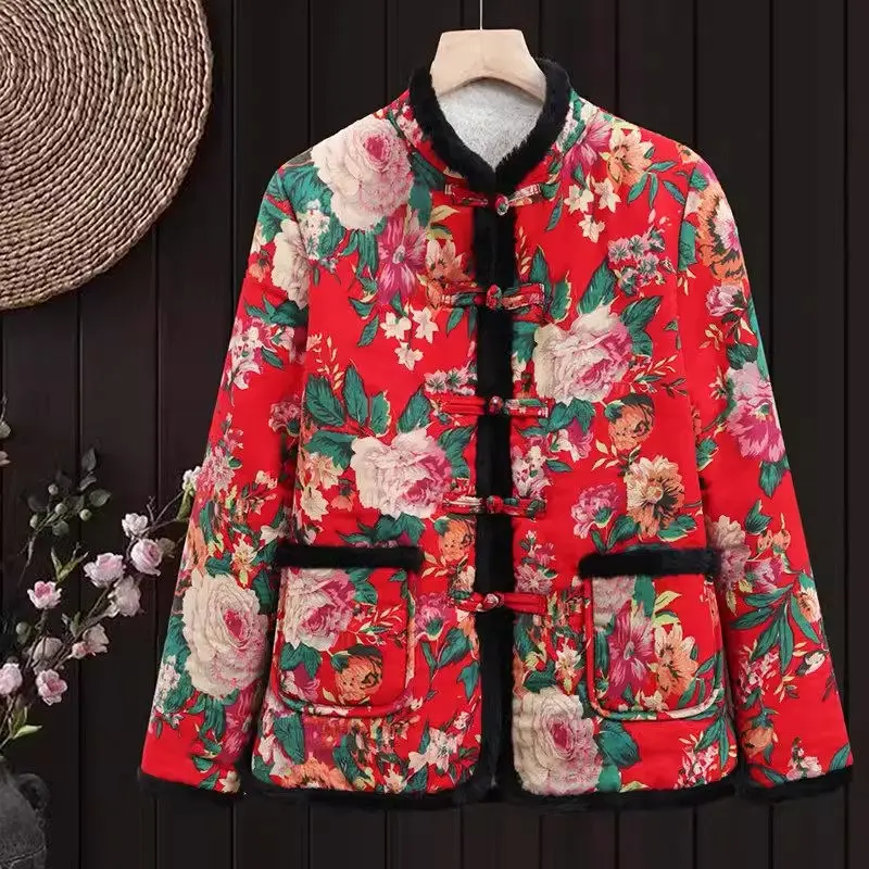 Chinese Style Flower Cotton Coat for Women Large Size Plush Jacket Thickened Warm Autumn and Winter Outerwear 2023