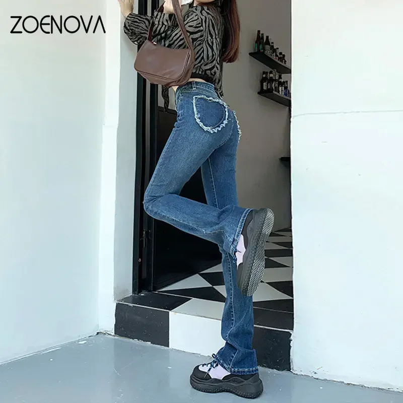 ZOENOVA Loving Appliques Back Pocket Raw Hem High Waist Straight Tube Micro Flare Pants New Y2K Women's Straight Wide Leg Jeans