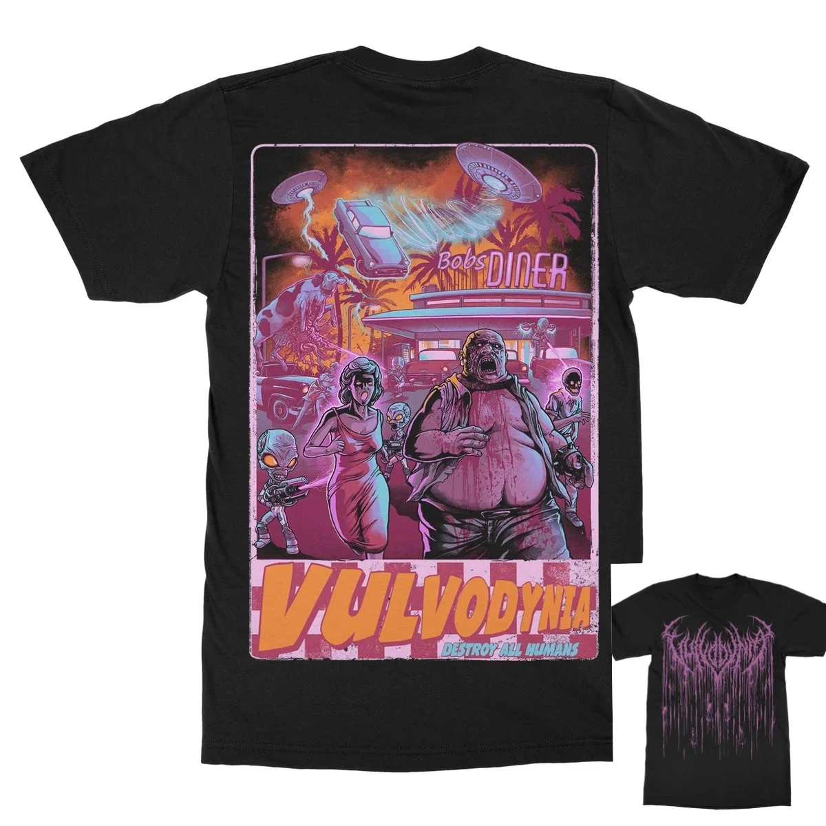 Vulvodynia Band Double Sided T Shirt, Retro Alien Zombie Diner Sci Fi Vintage Graphic Unisex T Shirt