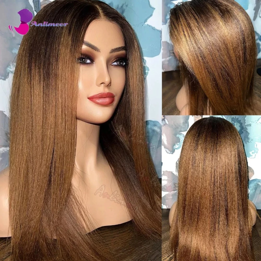 

Silk Top Wig 4T30# Colored Yaki Straight Human Hair Wig 13x4 Lace Front Pre Plucked Bleached Knots Lace Front Wig for Women