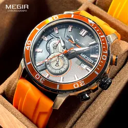 MEGIR-Montre de dehors Orange pour Homme, Bracelet en Silicone Étanche, Chronographe, Montre-Bracelet à Quartz avec Date existent, Aiguilles Shoous